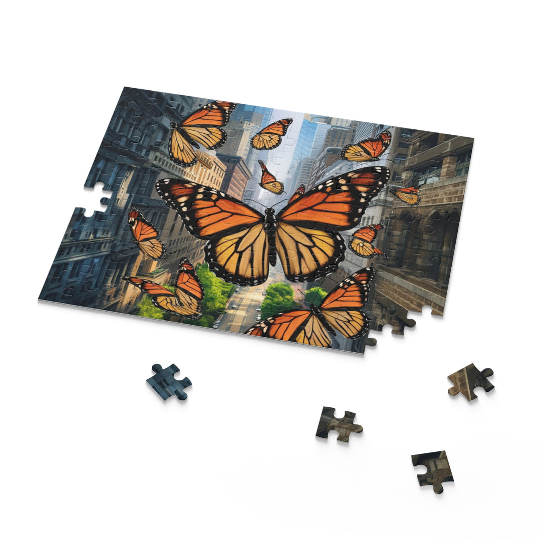 Urban Monarchs Puzzle – Monarch Butterflies Soaring Over City Landscape