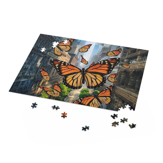 Urban Monarchs Puzzle – Monarch Butterflies Soaring Over City Landscape