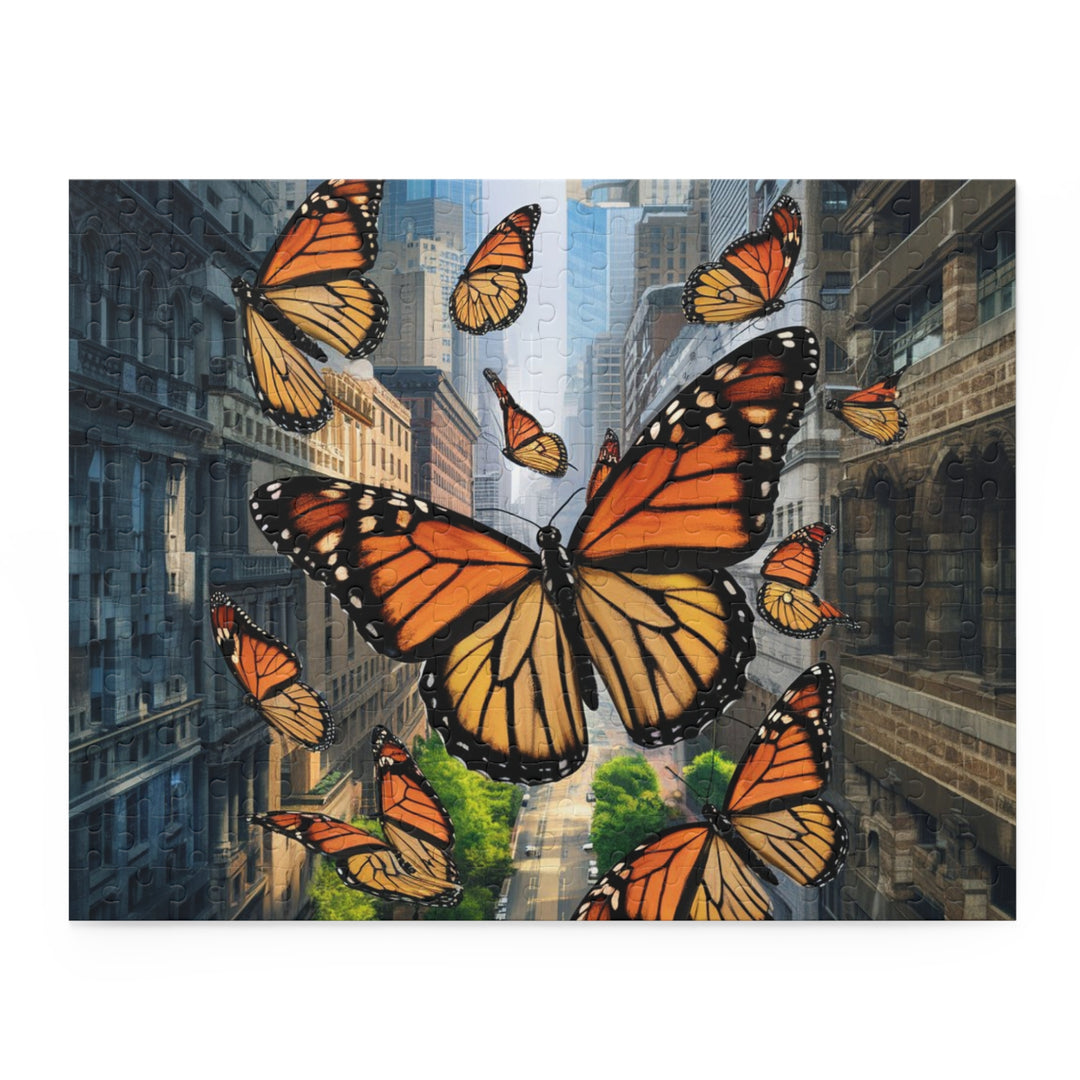 Urban Monarchs Puzzle – Monarch Butterflies Soaring Over City Landscape