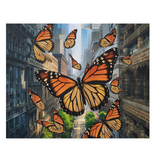 Urban Monarchs Puzzle – Monarch Butterflies Soaring Over City Landscape