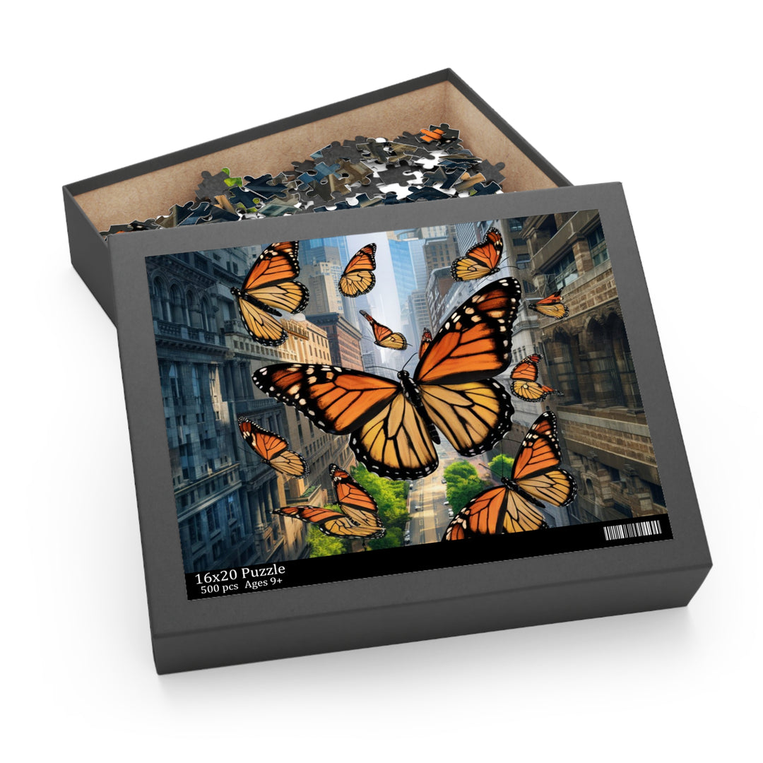 Urban Monarchs Puzzle – Monarch Butterflies Soaring Over City Landscape