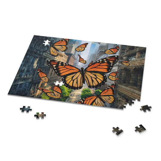 Urban Monarchs Puzzle – Monarch Butterflies Soaring Over City Landscape