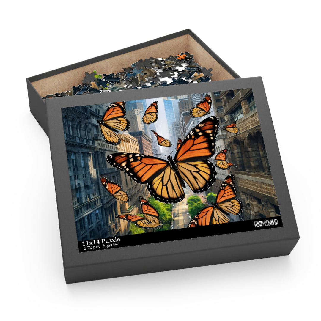 Urban Monarchs Puzzle – Monarch Butterflies Soaring Over City Landscape