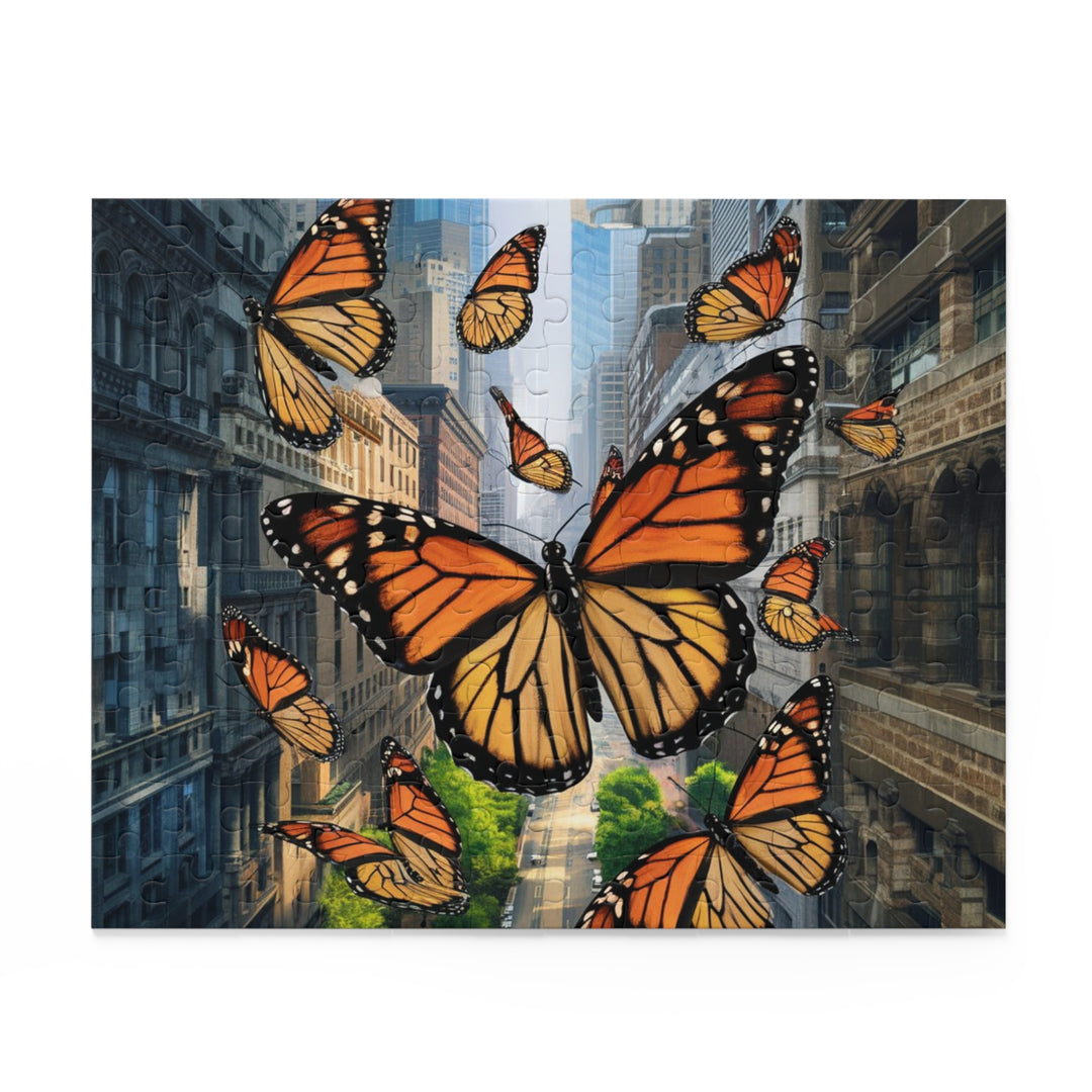 Urban Monarchs Puzzle – Monarch Butterflies Soaring Over City Landscape