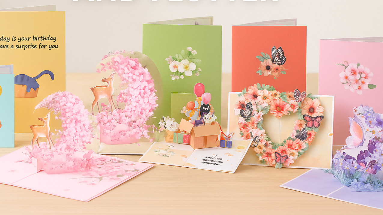 Collection of colorful greeting cards with pop-up designs on a wooden surface, featuring the brand 'Flutter Flyers'.