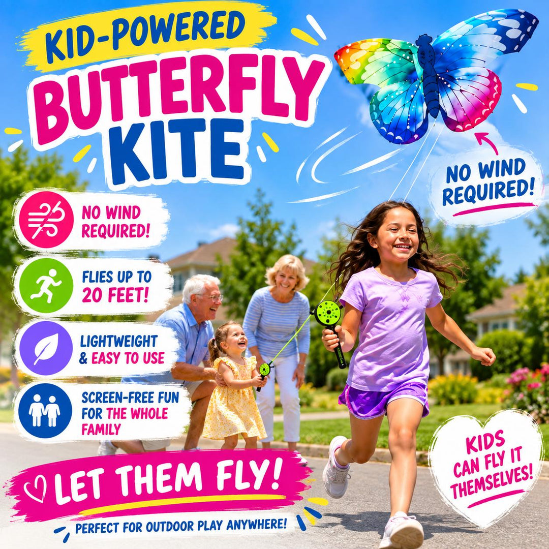 Butterfly Kite for Kids, No Wind Needed, Kid Powered Flying Butterfly Toy, Indoor Outdoor Kite, Birthday Gift for Kids