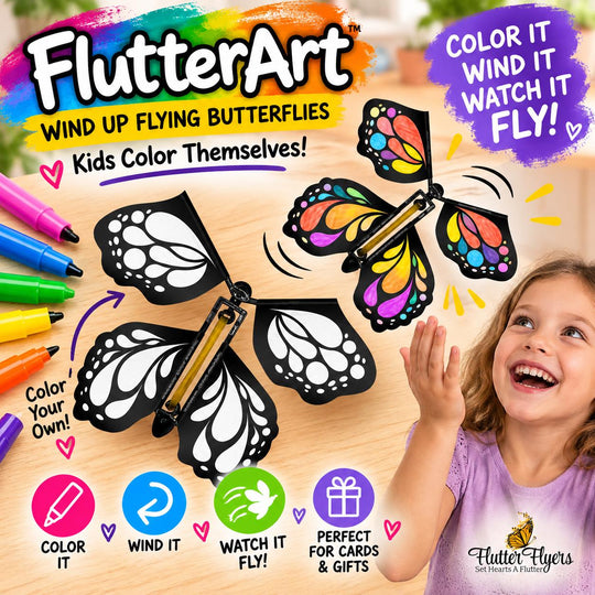 Color Your Own Flying Butterflies, Butterfly Craft for Kids, Wind Up Flying Toy, DIY Coloring Activity, Greeting Card Surprise