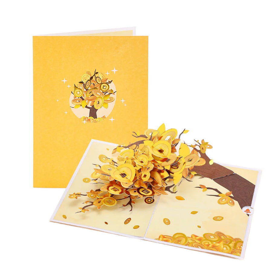 FlutterJoy: Blooming Treasures Pop-Up Cards — Golden Prosperity Tree
